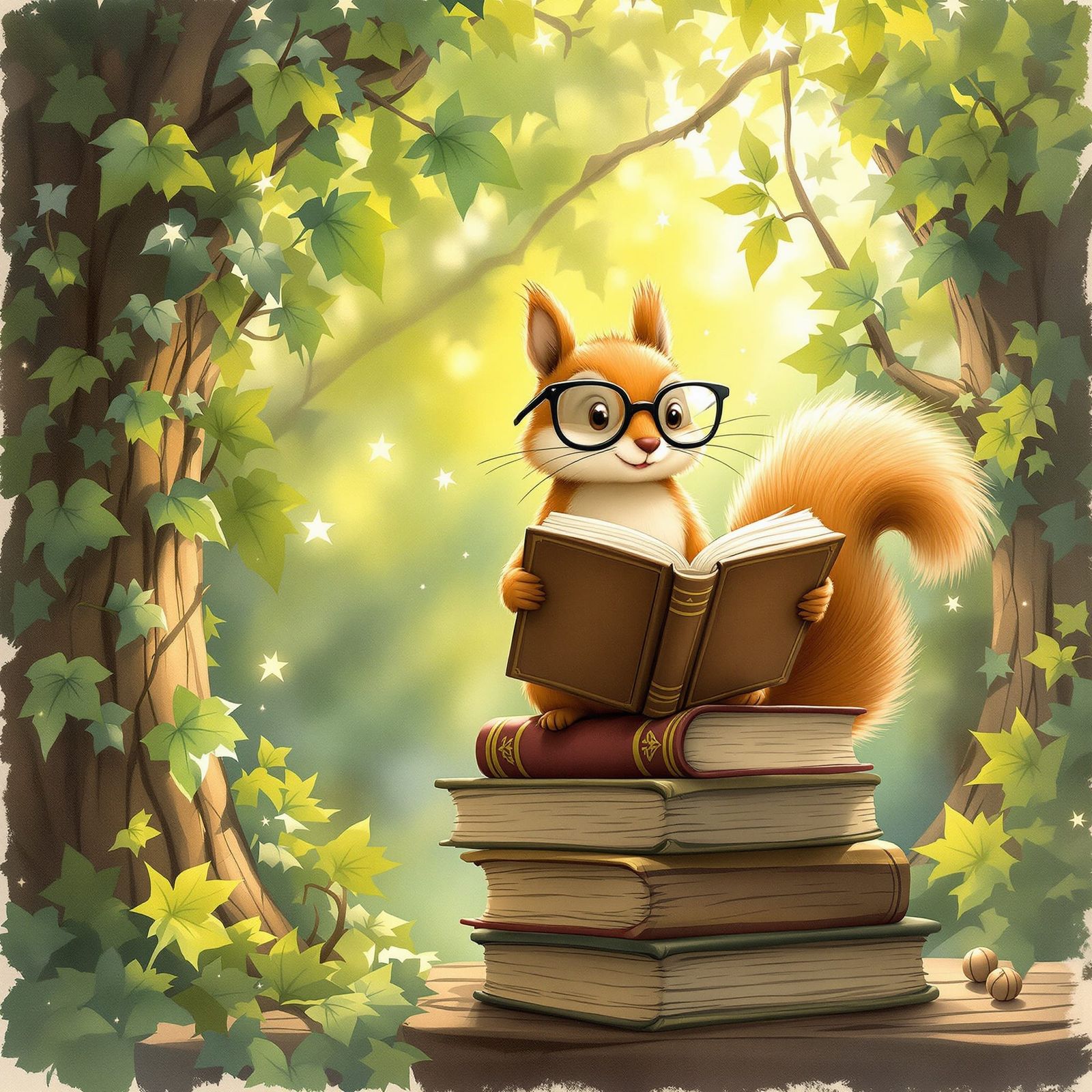 Squirrel Scholar in Treehouse Library, Impressionist Style