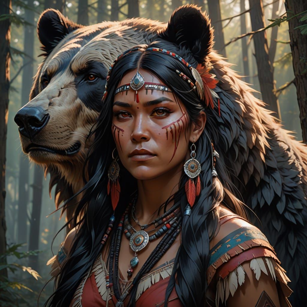 Realistic Native American Warrior with Majestic Bear in Tria...
