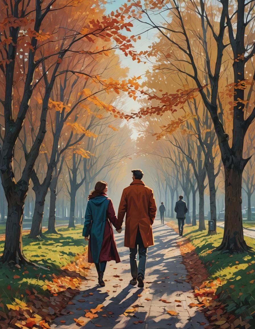Couple Walks on Beautiful Autumn Morning: Classical Painting
