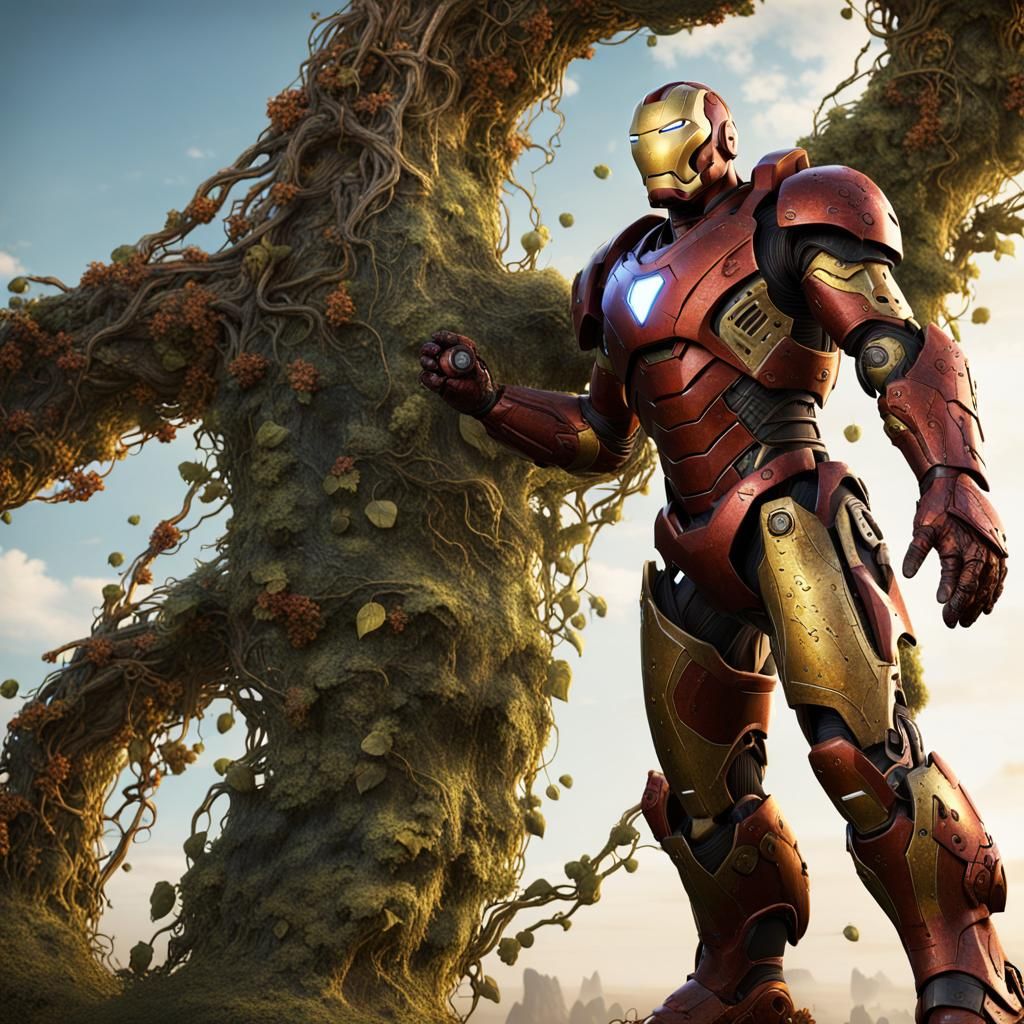 Weathered Iron Man with Vines, Matte Painting Style