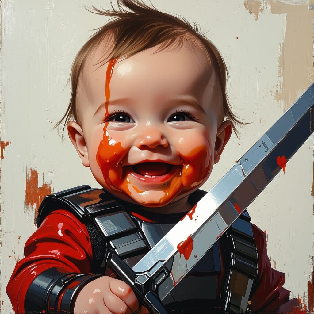 Infant Covered in Ketchup Wielding Metal Fin