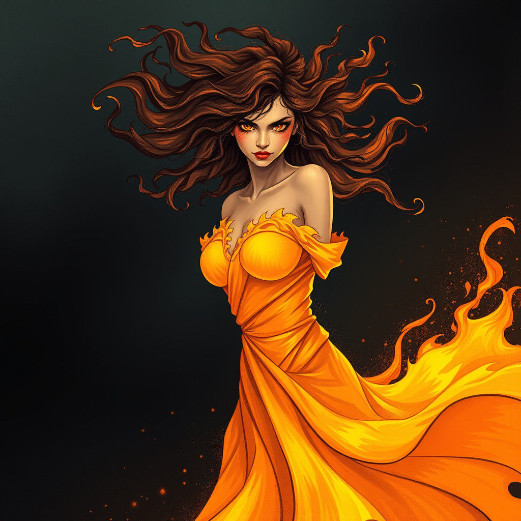 Woman in Dress Made of Living Flames