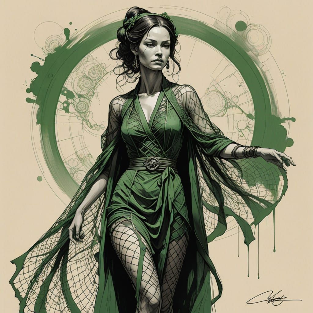 Realistic Woman in Crochet Net: Ink Fantasy Art