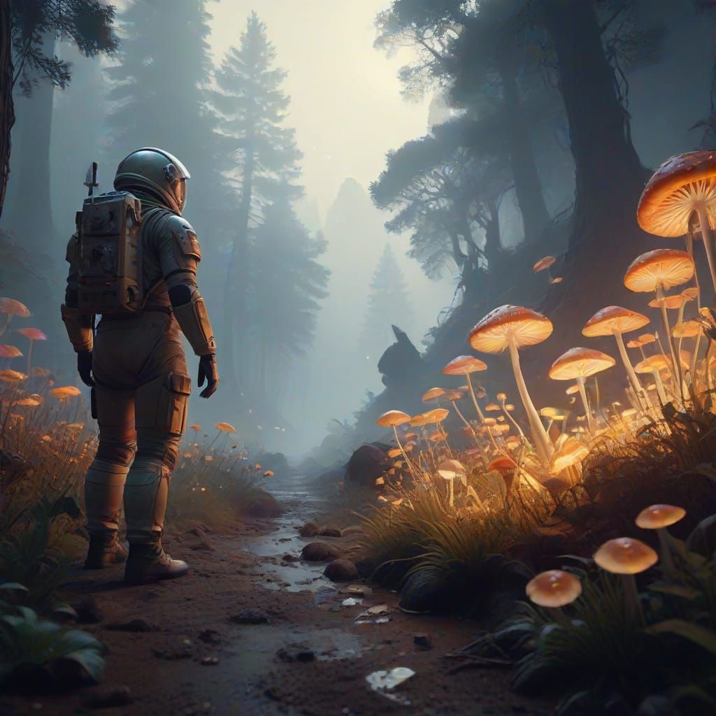 Surreal Astronaut Discovers Whimsical, Glowing Fantasy World