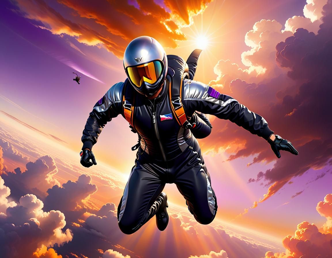 Hyperrealistic Skydiver Freefalls Through Sunset Sky