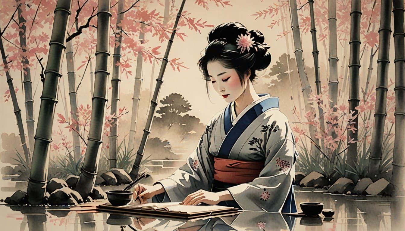 Geisha in Bamboo Garden: Japanese Ink Painting