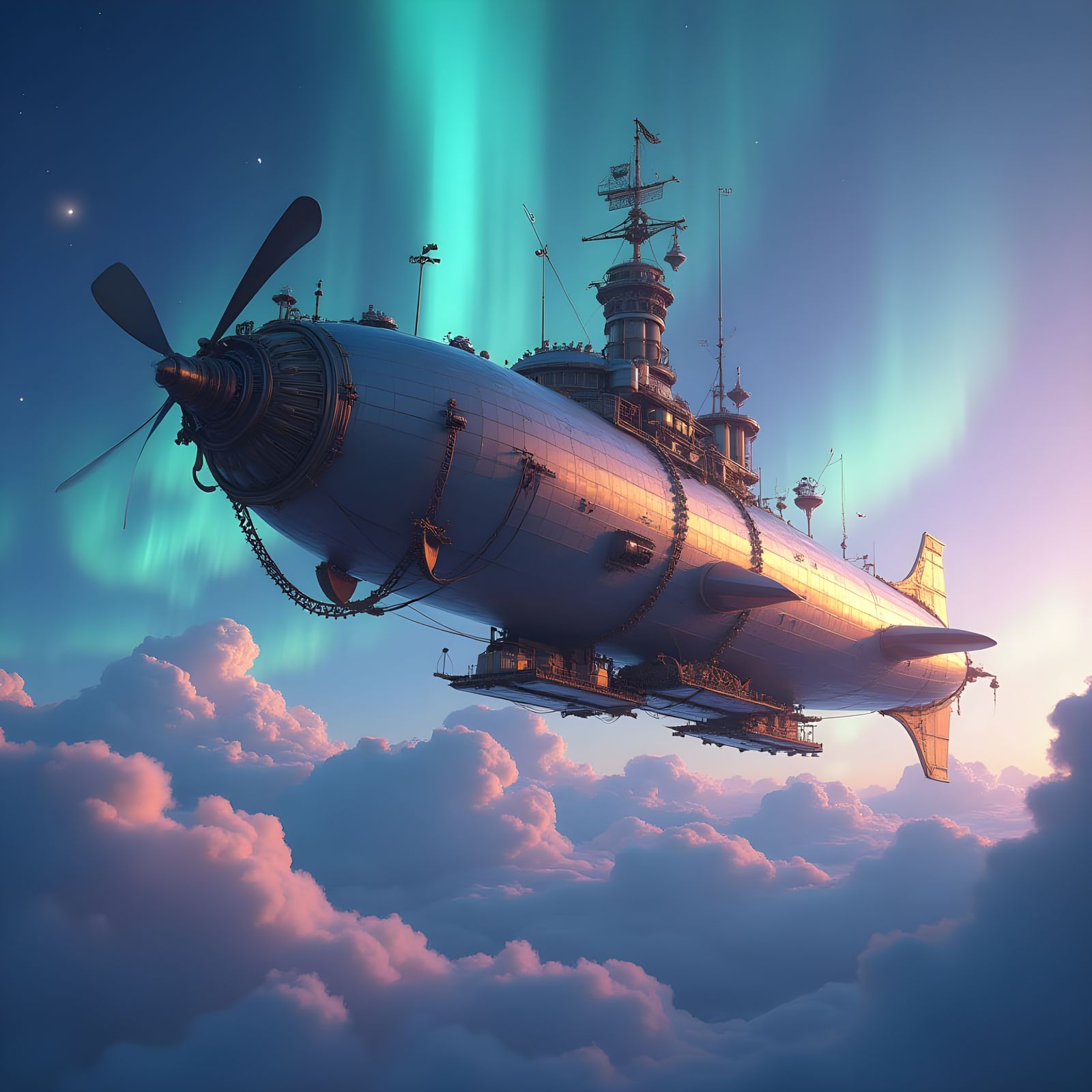 Steampunk Airship Navigates Aurora Sky as Matte Painting