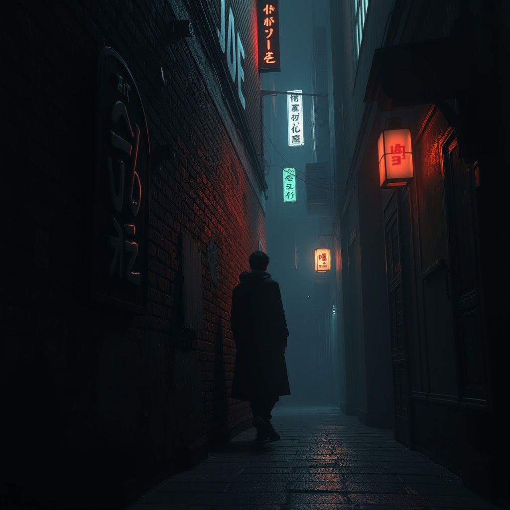 Mysterious Figure in Neon-Lit Alley, Anime Style