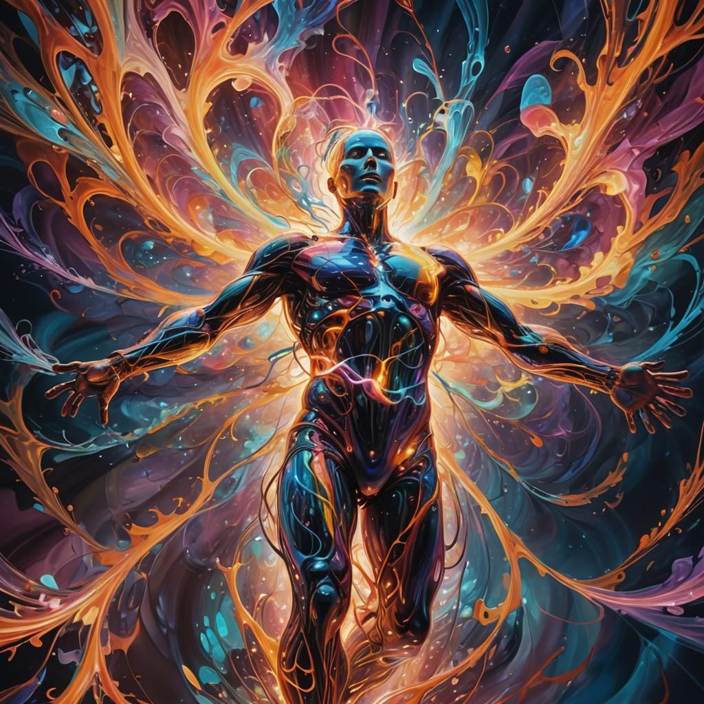 Surreal Humanoid Soaring Through Distorted Time