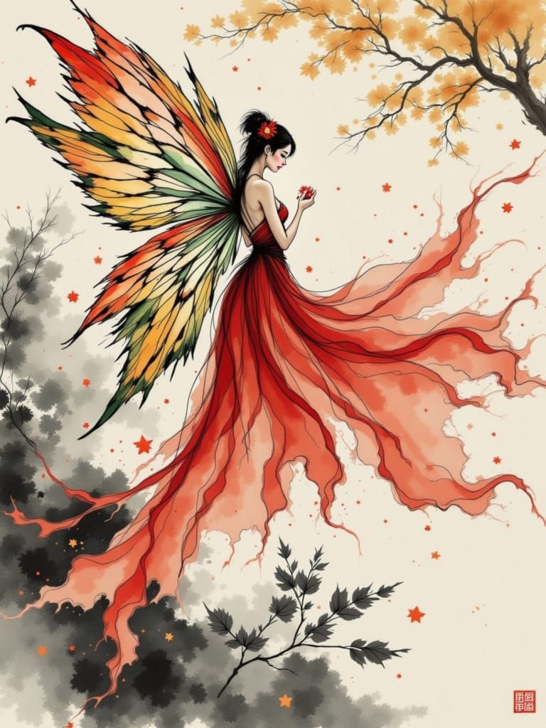 Surreal Japanese Temple Fairy in a Dreamlike Landscape