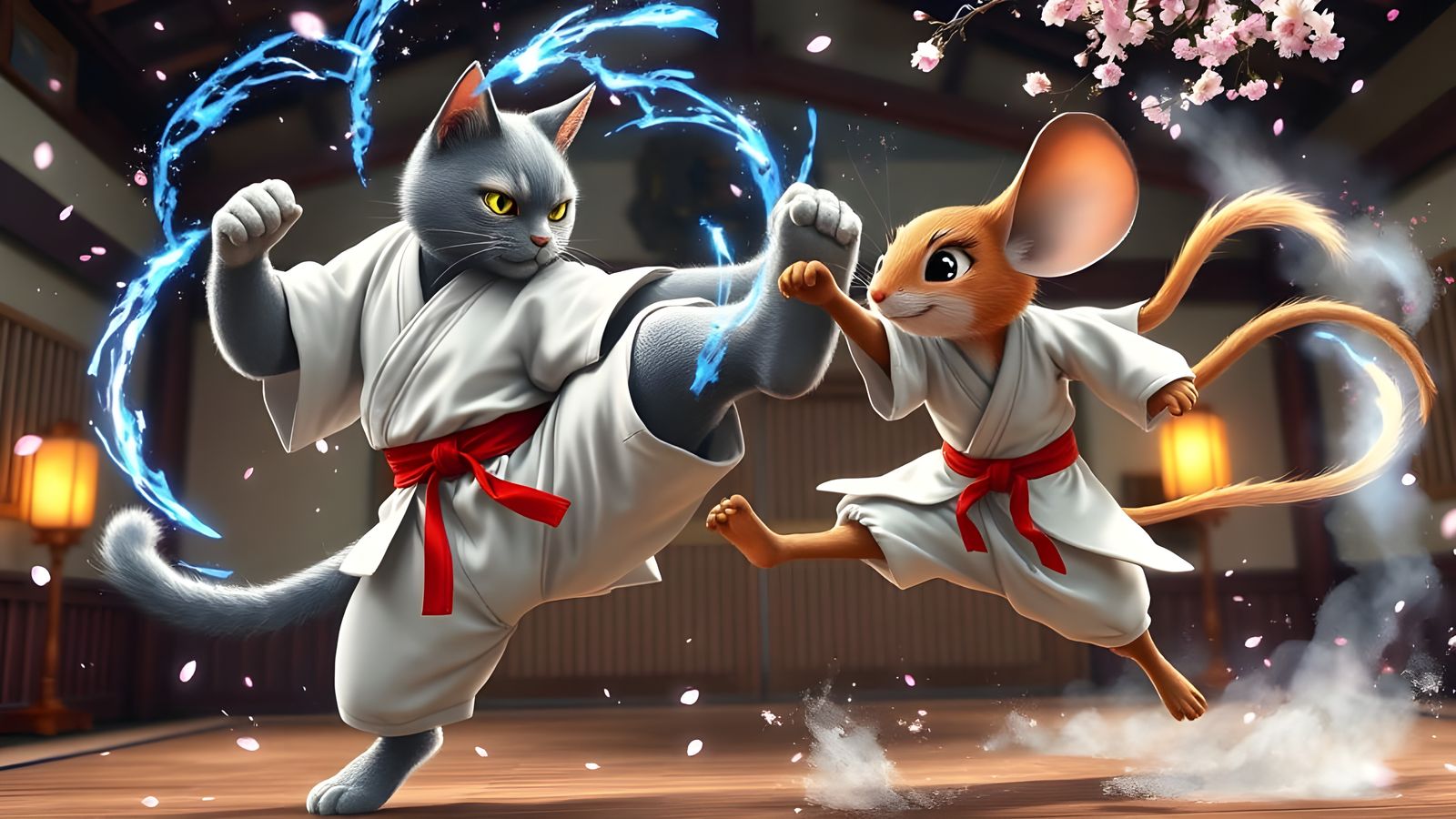Cat vs Mouse Martial Arts Battle in Traditional Japanese Doj...