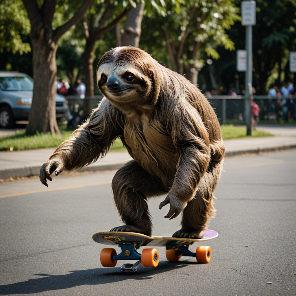 Sloth in Mid-Skateboard Ride in a Surreal Landscape