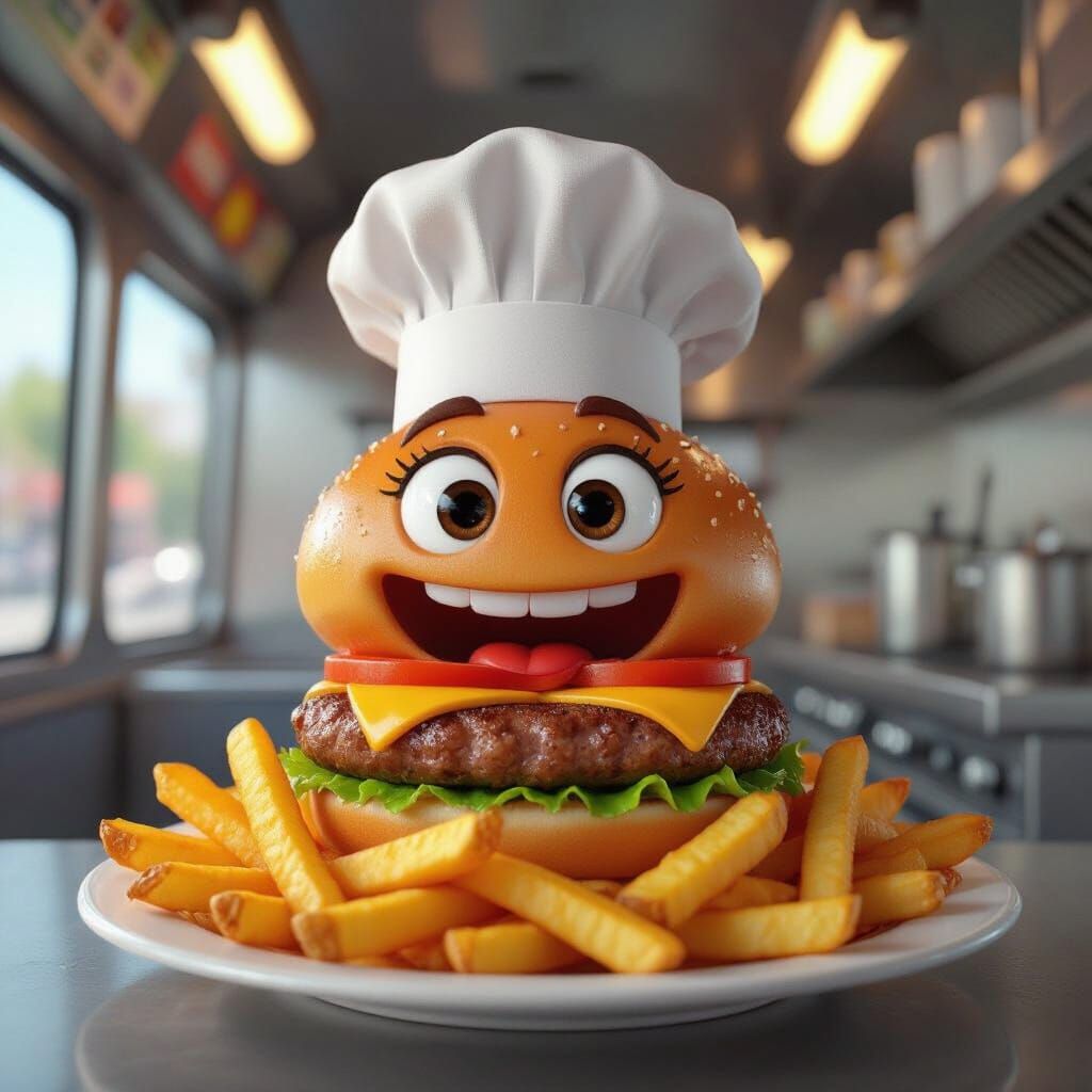 Cartoon Hamburger Chef in Food Truck, 3D Digital Art