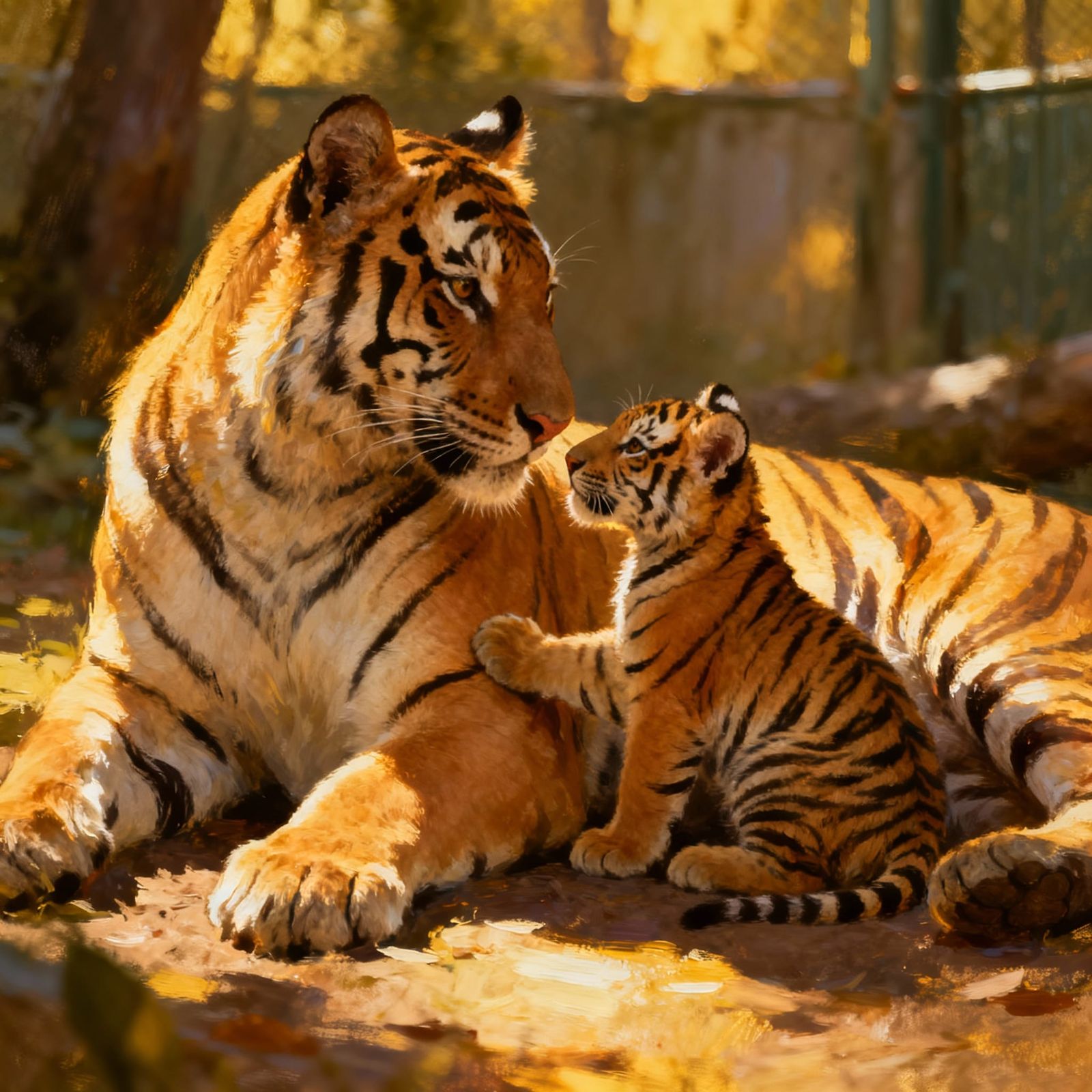 Tender Moment: Tiger and Cub in Vibrant Forest Setting
