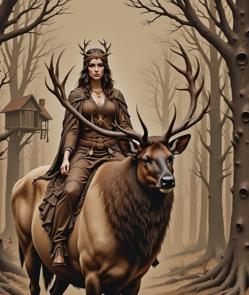 Portrait of Elegant Elk Priestess in Whimsical Brown Mixed M...