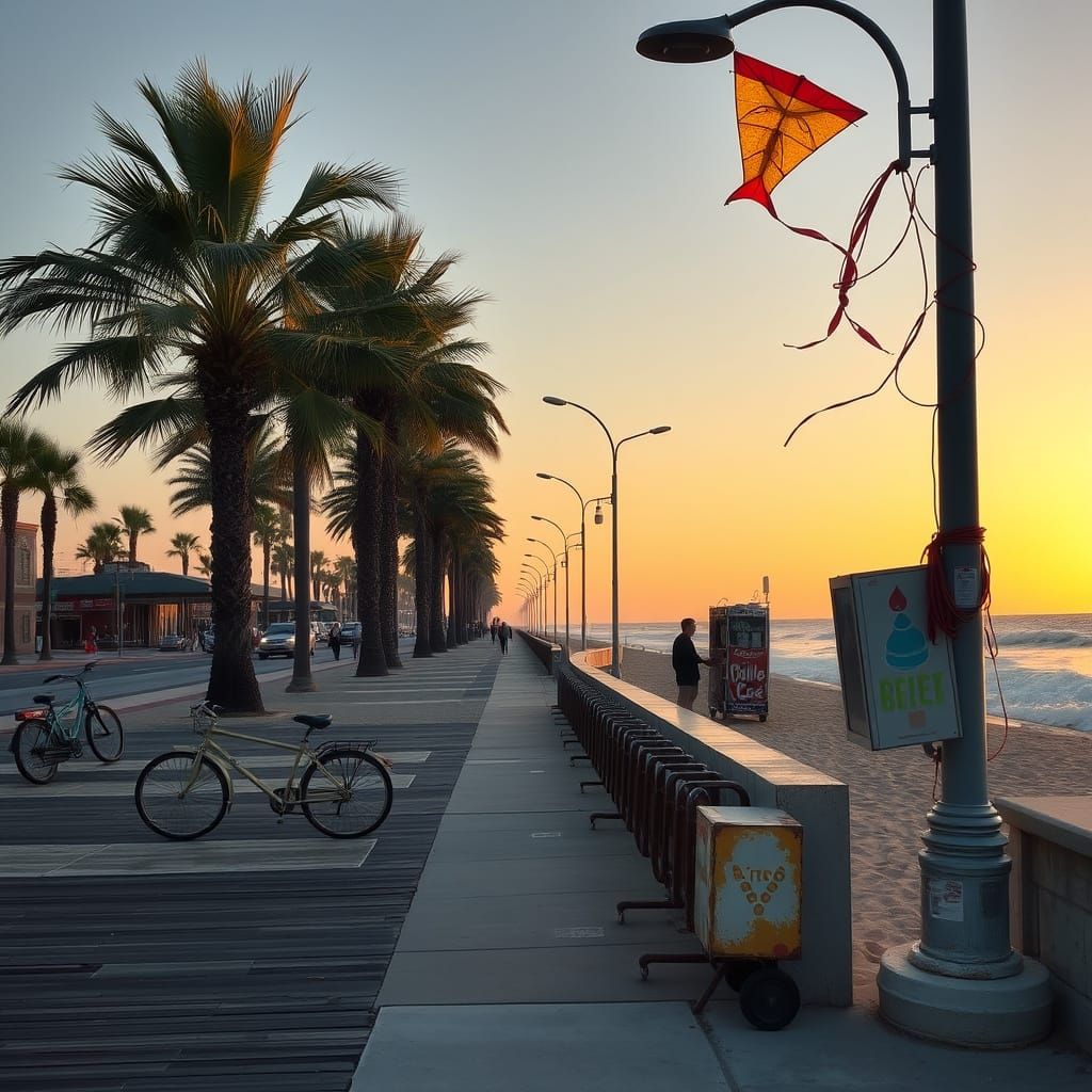 Sunset Boulevard Scene with Palm Trees and Boardwalk