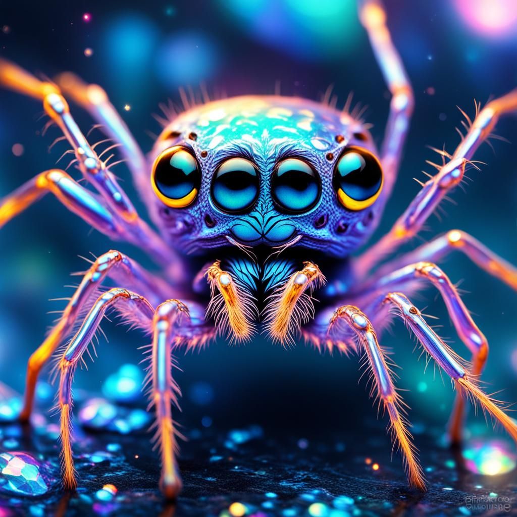 Cute Spider with Big Head, Holographic Illustration