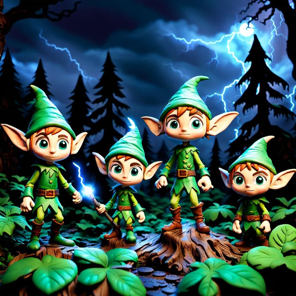 Three claymation chibi elves, dodging lightning strikes in a dense and vibrant enchanted forest.