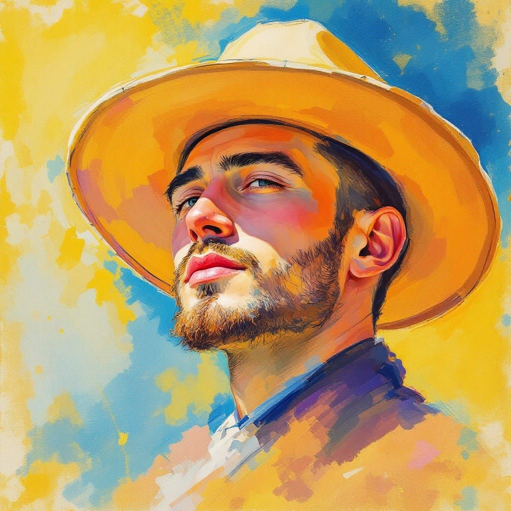 Man in Hat Portrait in Watercolor Style