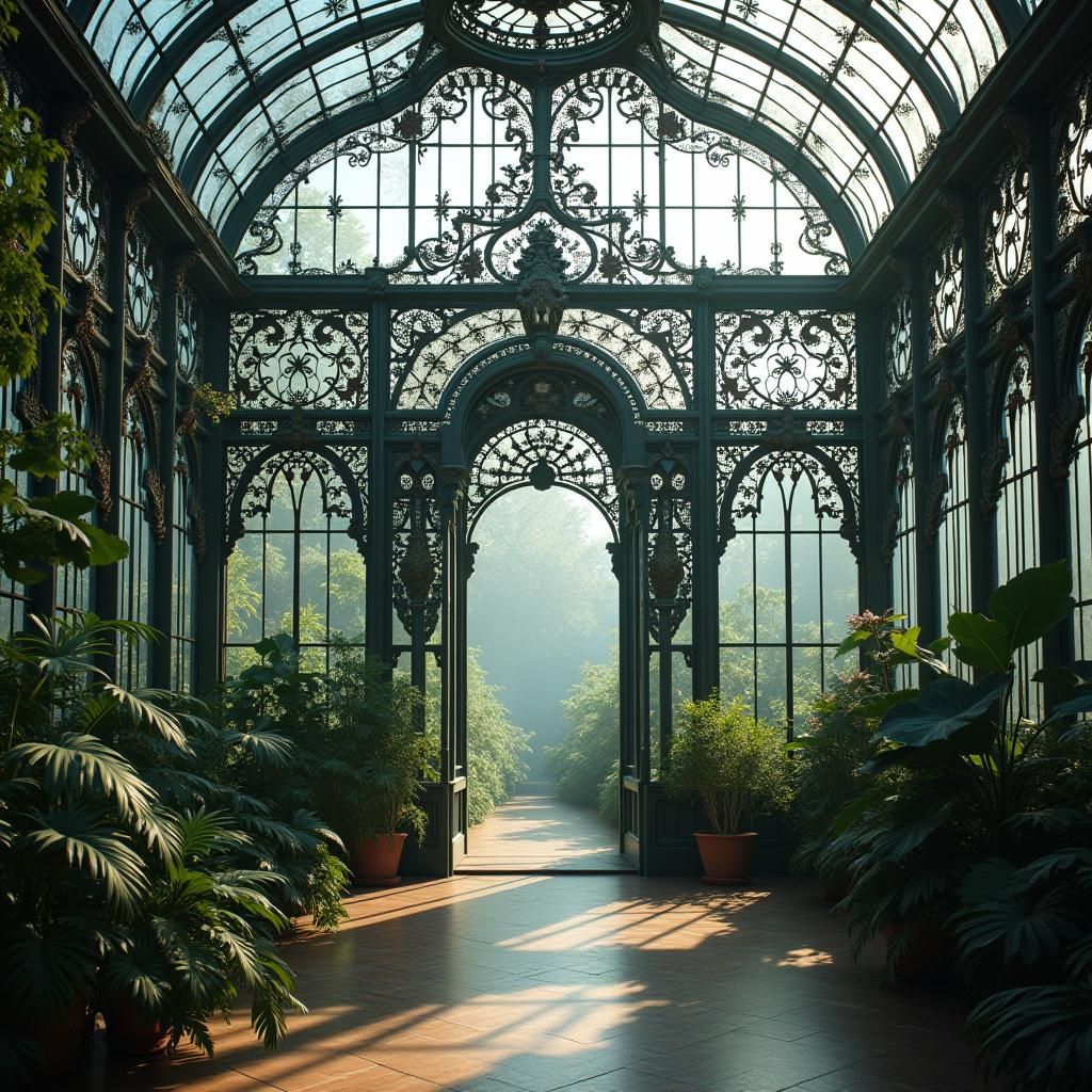 A conservatory built of wrought iron and glass. Ornate intri...