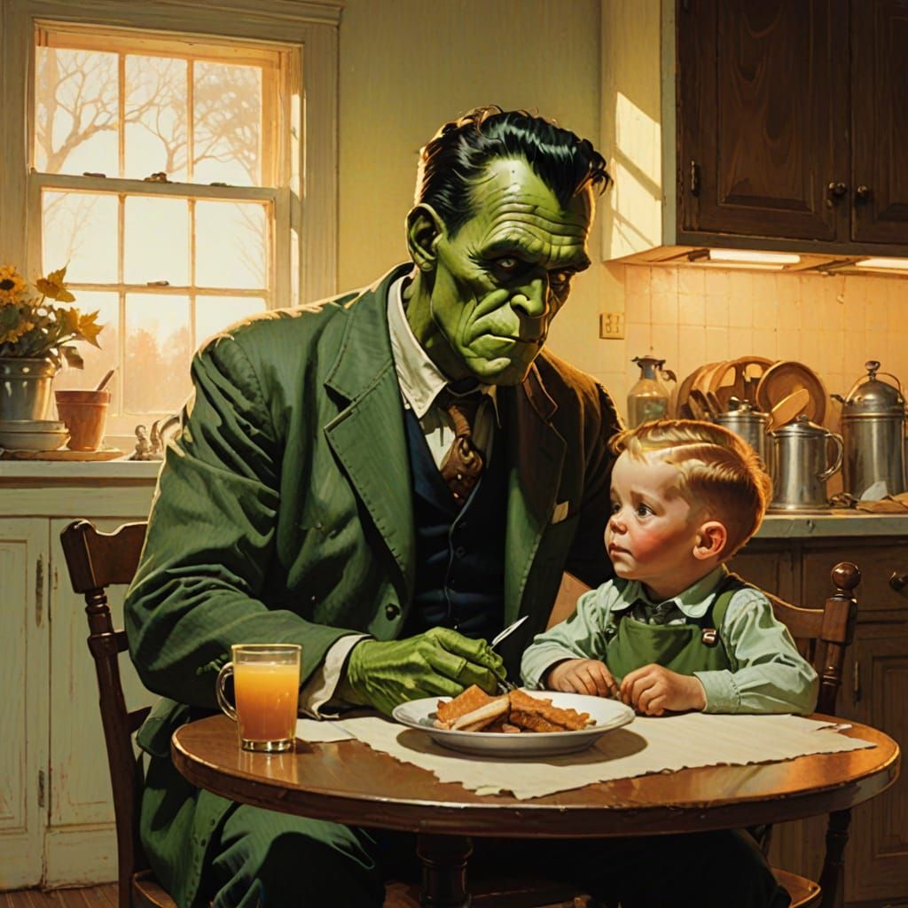 Frankenstein Feeds Child: Rockwell-Style Americana