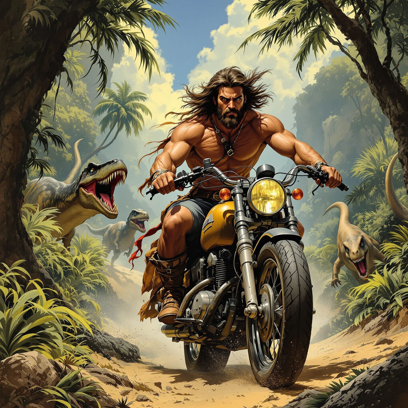 Motorcycle Rider Escaping Dinosaurs in Jungle, Fantasy Art