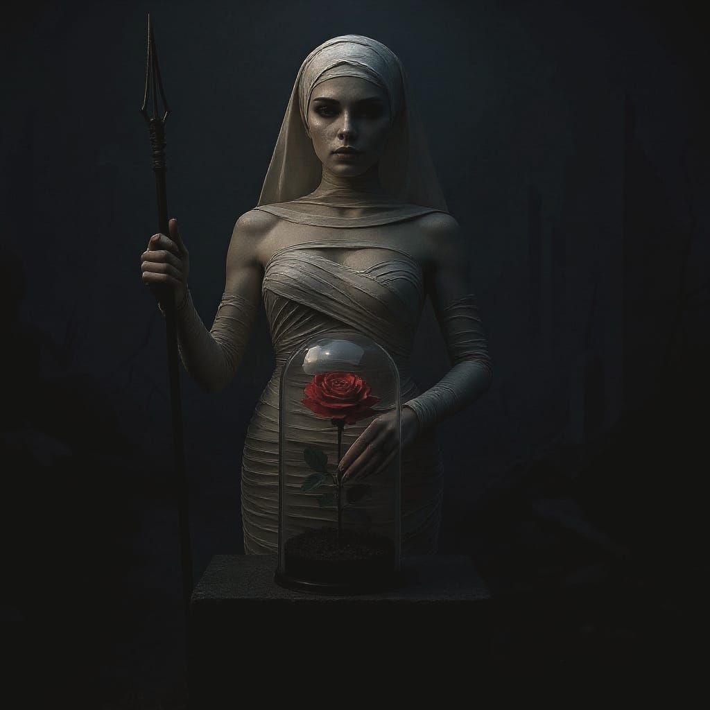 Apocalyptic Woman with Rose in Glass Case