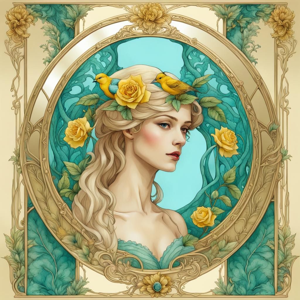 Art Nouveau Woman with Peacock and Floral Elements