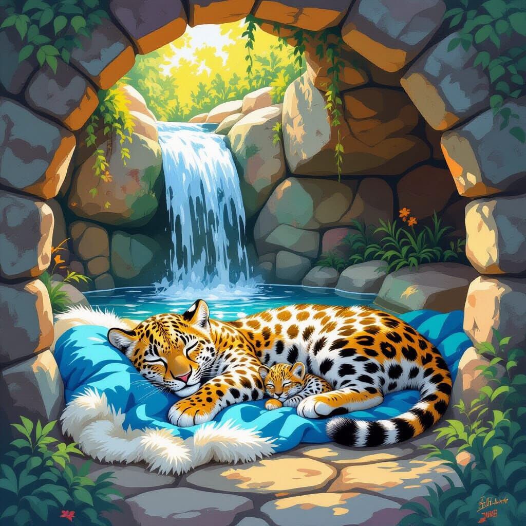 Leopard and Cub Napping in Stone Enclave