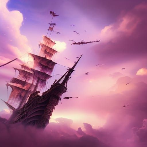 Pirate Ship Soaring on Pink Clouds in Fantasy Sky