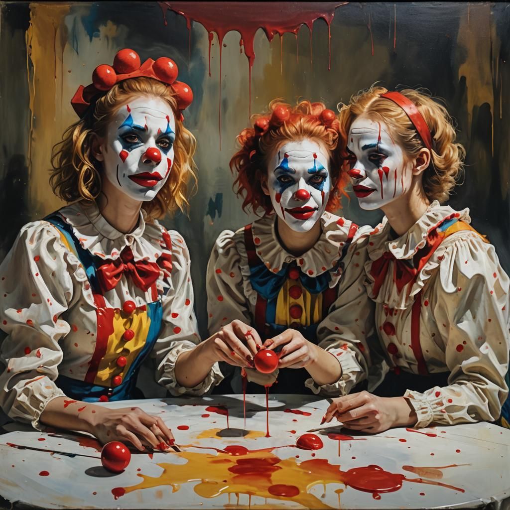 Surreal Clown Girls at a Melting Tablescape