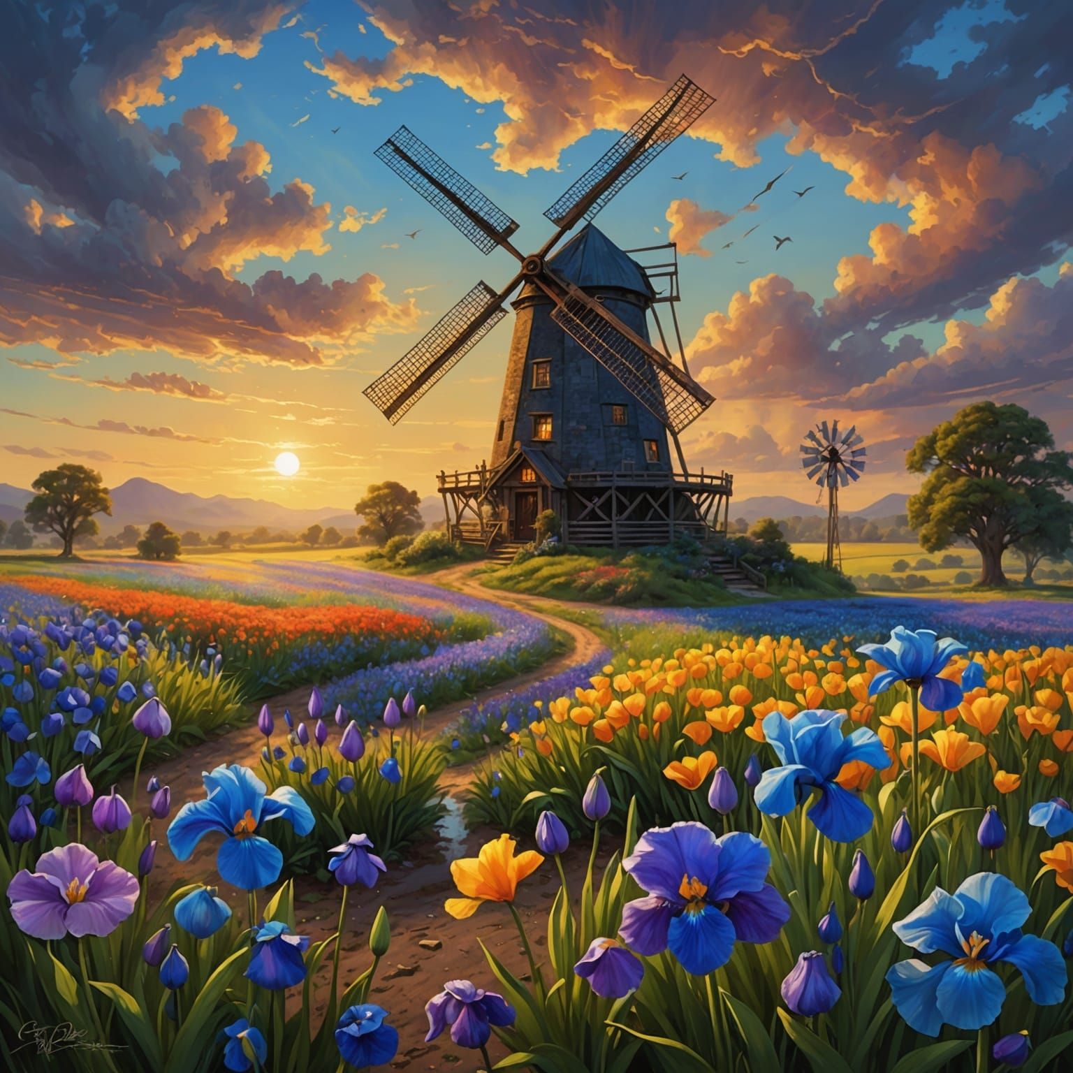 A field of exotic rainbow Iris and blue poppies blooming wit...