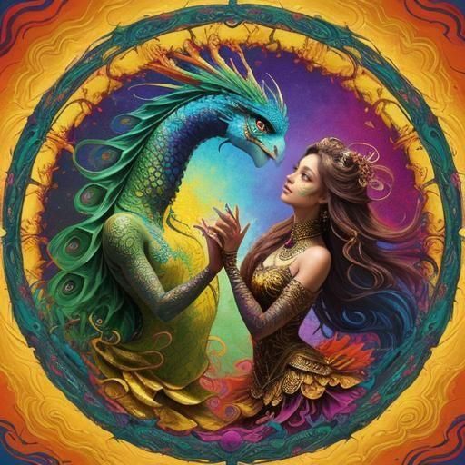 Dragon Peacock Woman in Abstract Expressionist Style