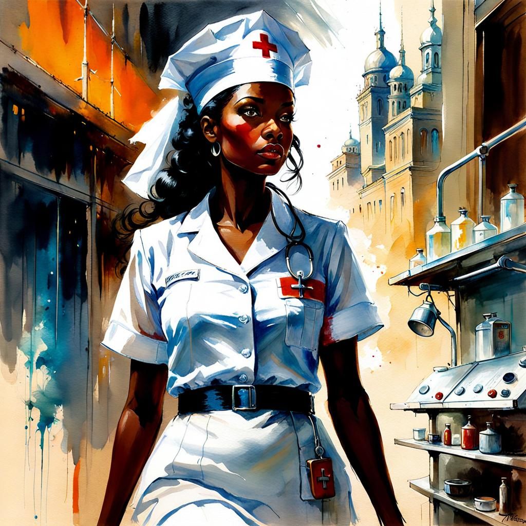 Nurse in Hospital Ward: Digital Watercolor Illustration