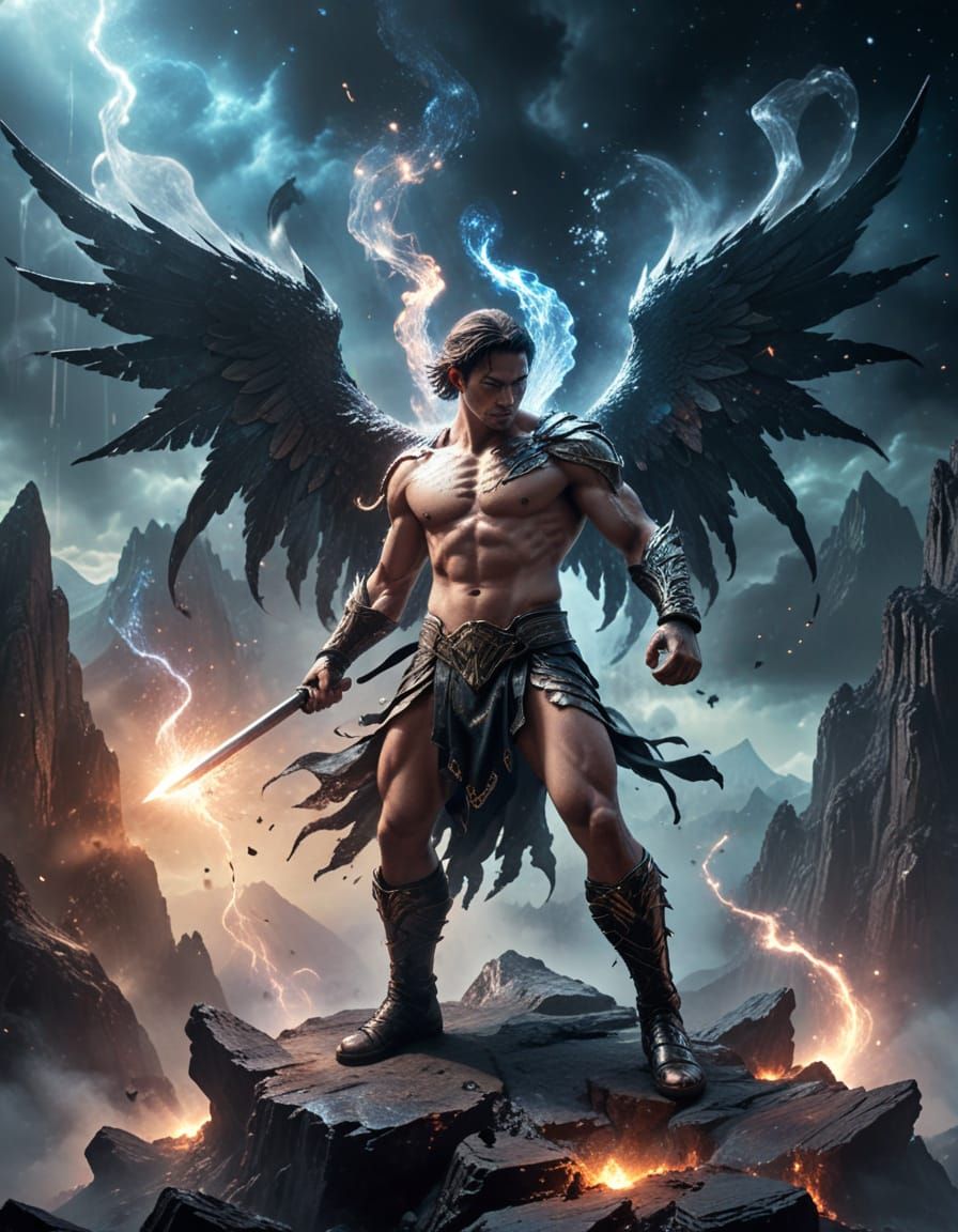 Gothic Warrior Battles Angelic Knight on Eerie Mountain