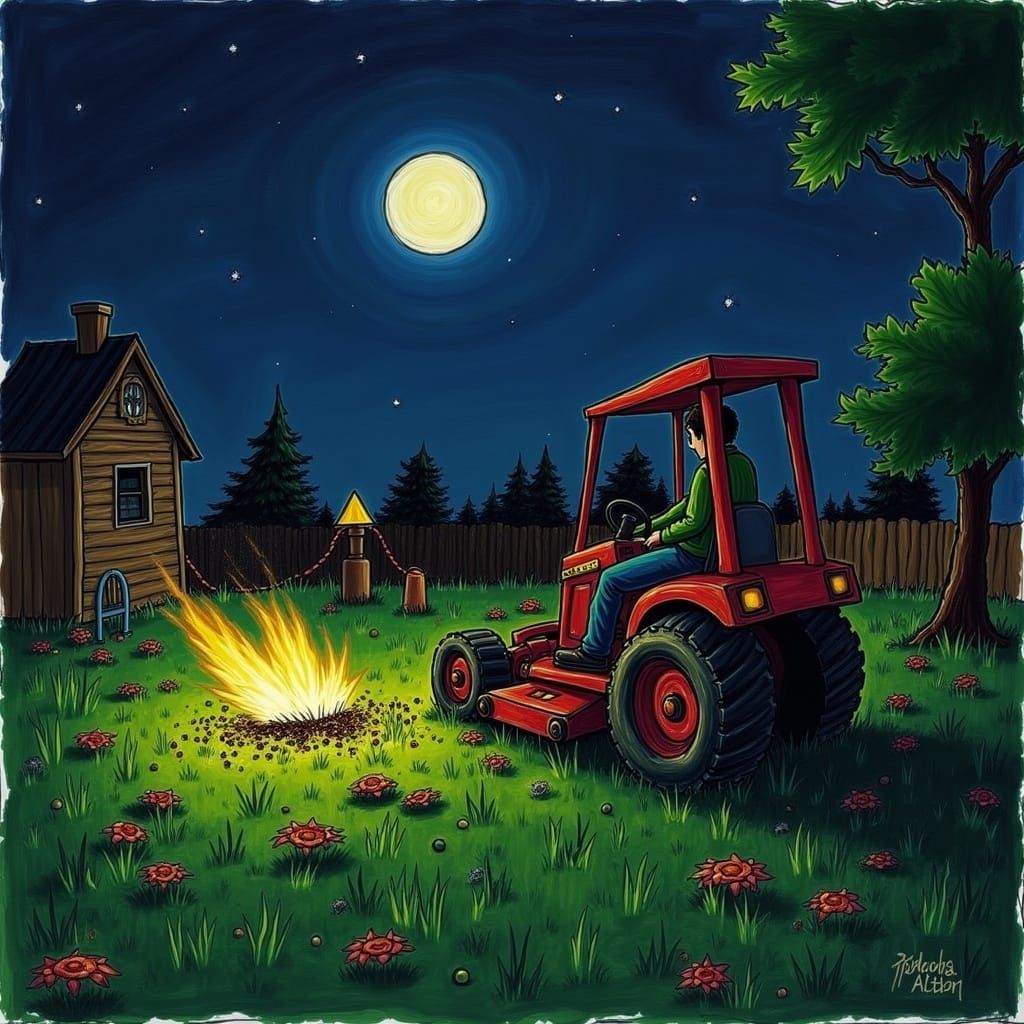 Midnight Lawn Mowing in Disturbed Dreamscape