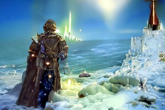 Warrior with Glowing Sword on Frozen Coast