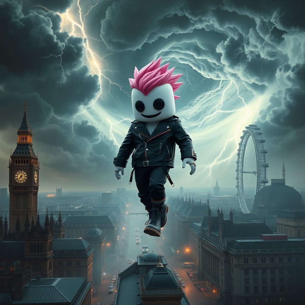 Marshmallow Punk Character Above London in Cyberpunk Style