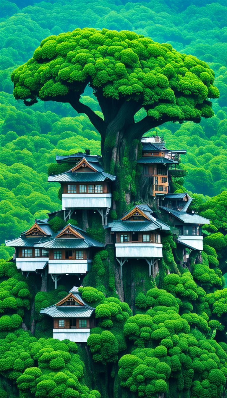 Residential buildings on top of a giant tree.