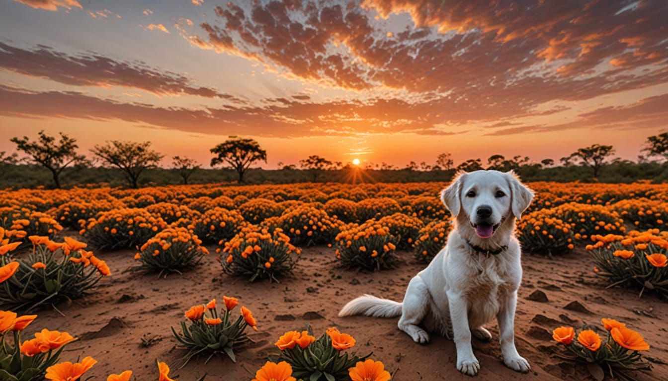 Joyful Puppy Rests in Desert Oasis at Golden Hour