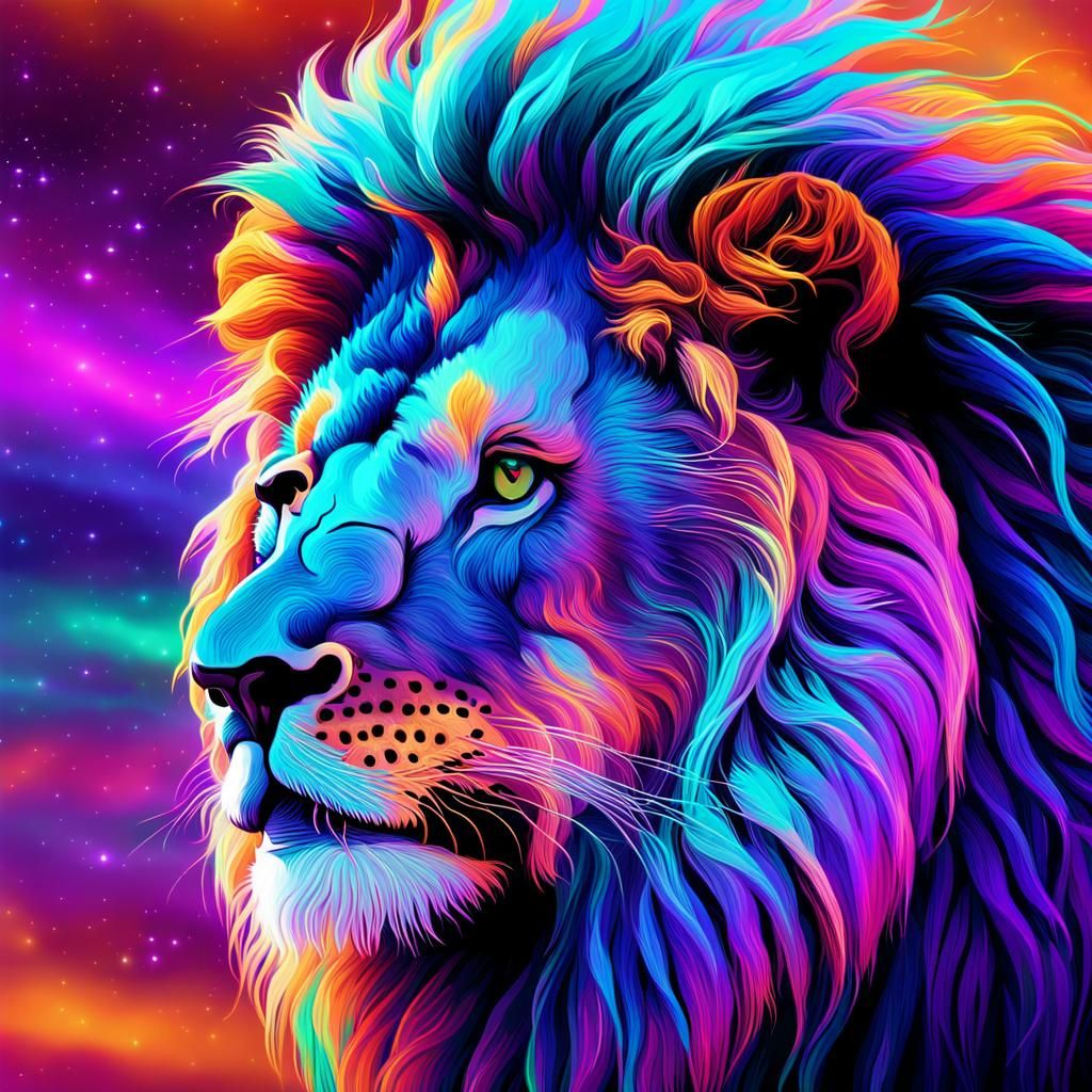 Cosmic Lion with Flowing Mane in Psychedelic Colors