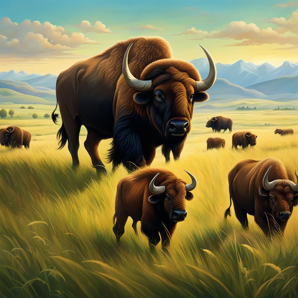 Grassland Scene with Buffalo and Mammoths
