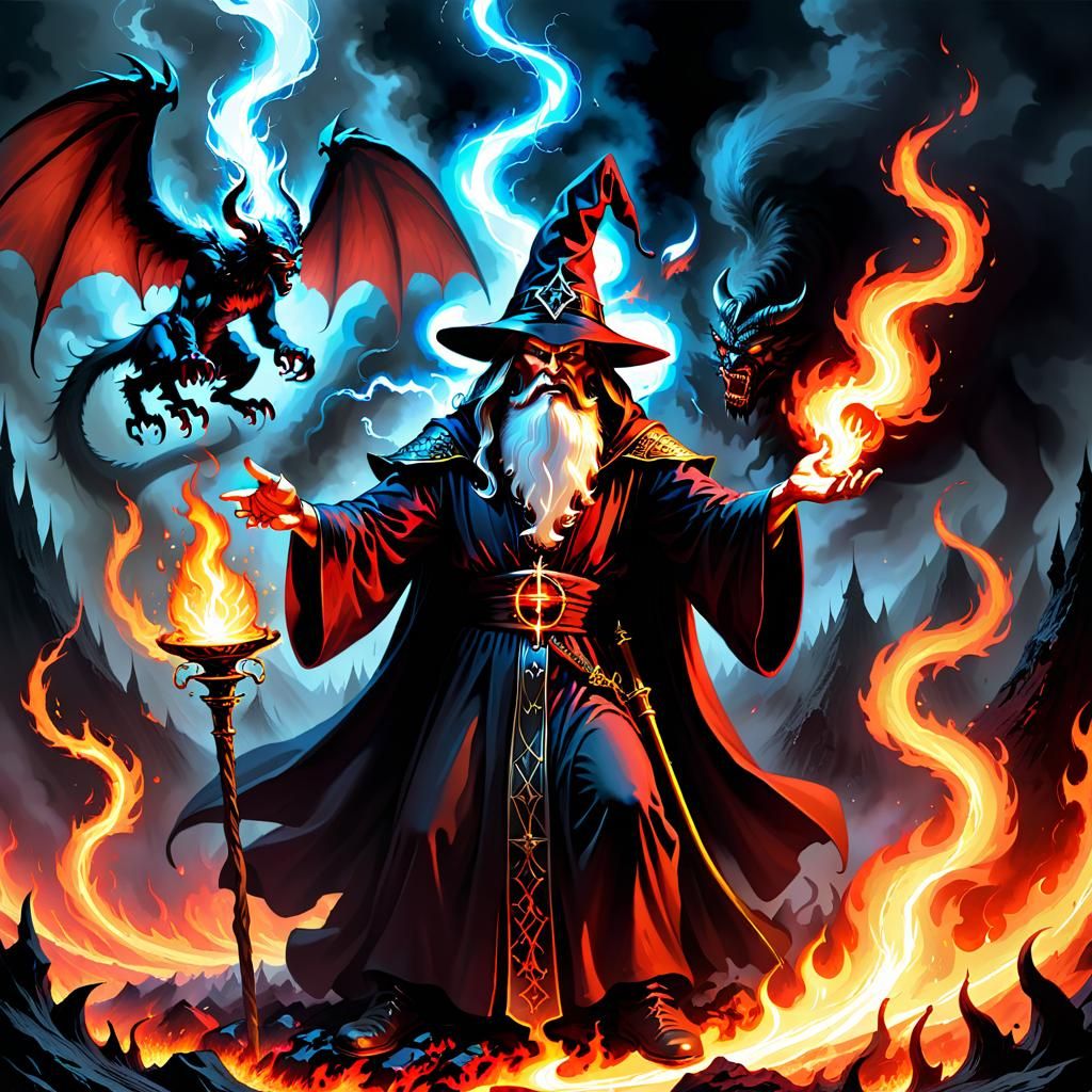Wizard Conjures Demon in Hell with Dark Magic
