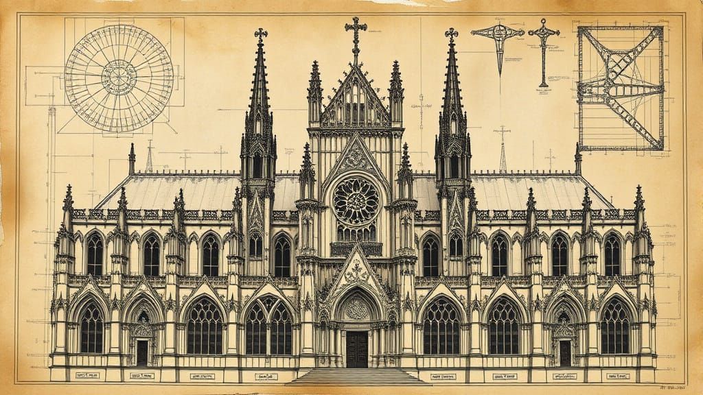 Gothic Cathedral Blueprint in Dark Architectural Style