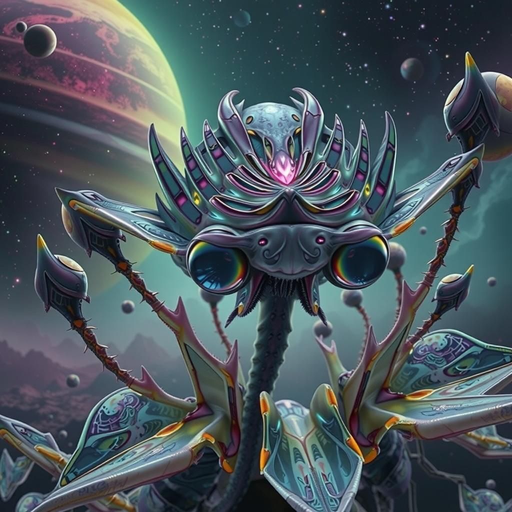 Insectoid alien with highly detailed enormous blue irises