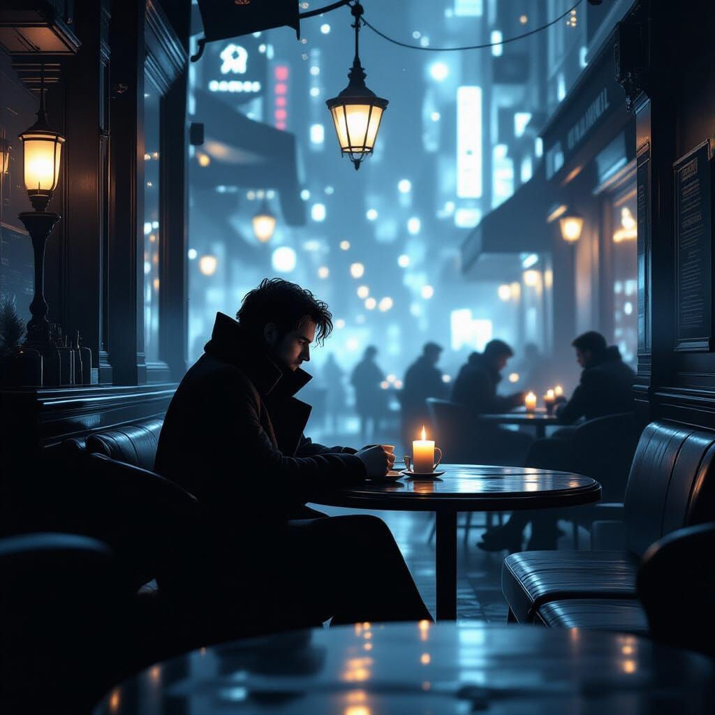 Midnight Cafe: Futuristic Noir in Dreamlike Surrealism