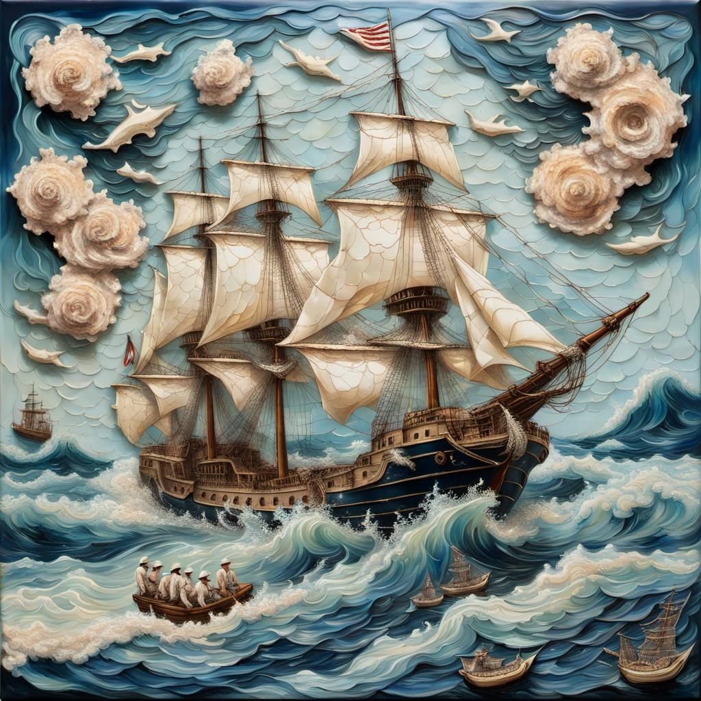 Sailor Ship on Turbulent Waters as Azulejos Art