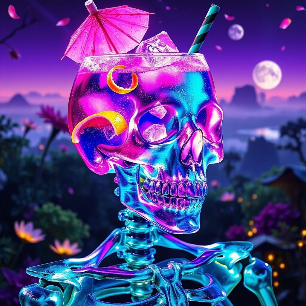 Crystal Skeleton with Glowing Skull Cocktail Head