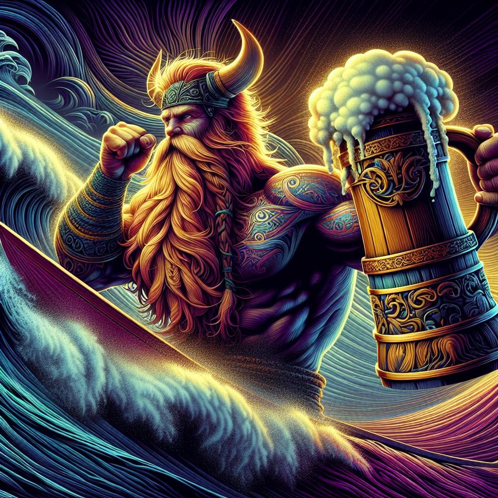 Viking Surfing a Wave with Beer Mug