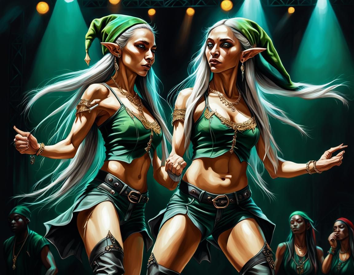 Elves Dancing Hip-Hop on Stage: Oil Painting